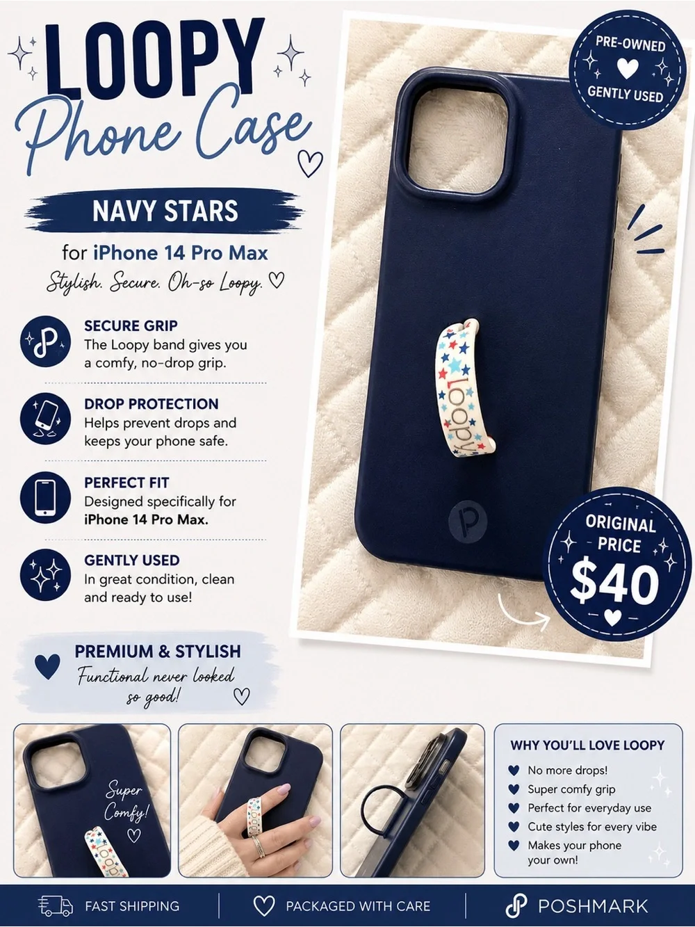 Loopy Navy Stars Phone Case with Loopy Band for iPhone 14 Pro Max